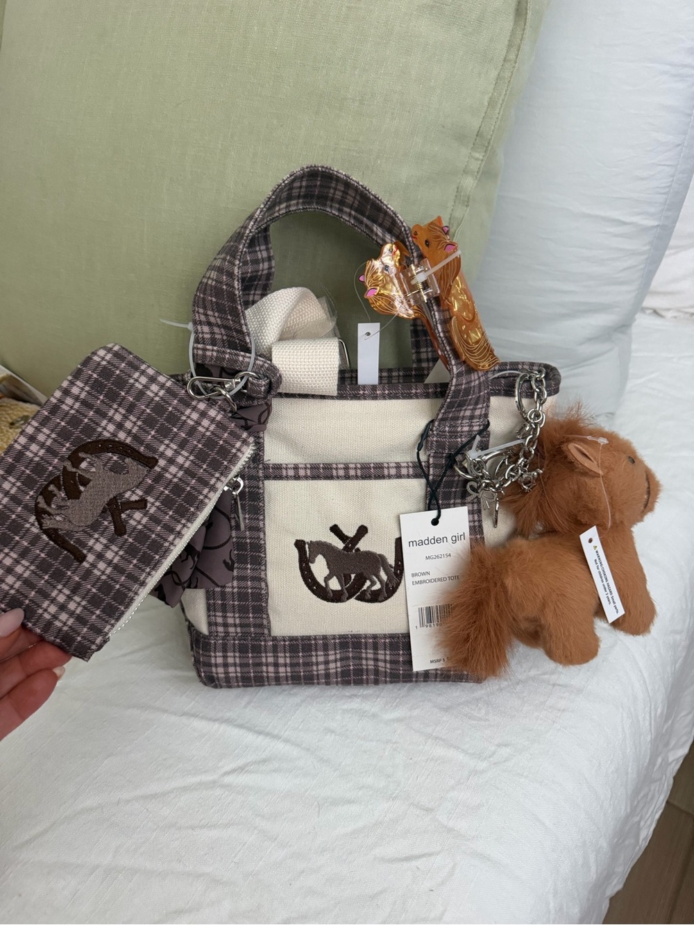 Madden Girl Plaid Brown & Cream Tote with Plush Charm